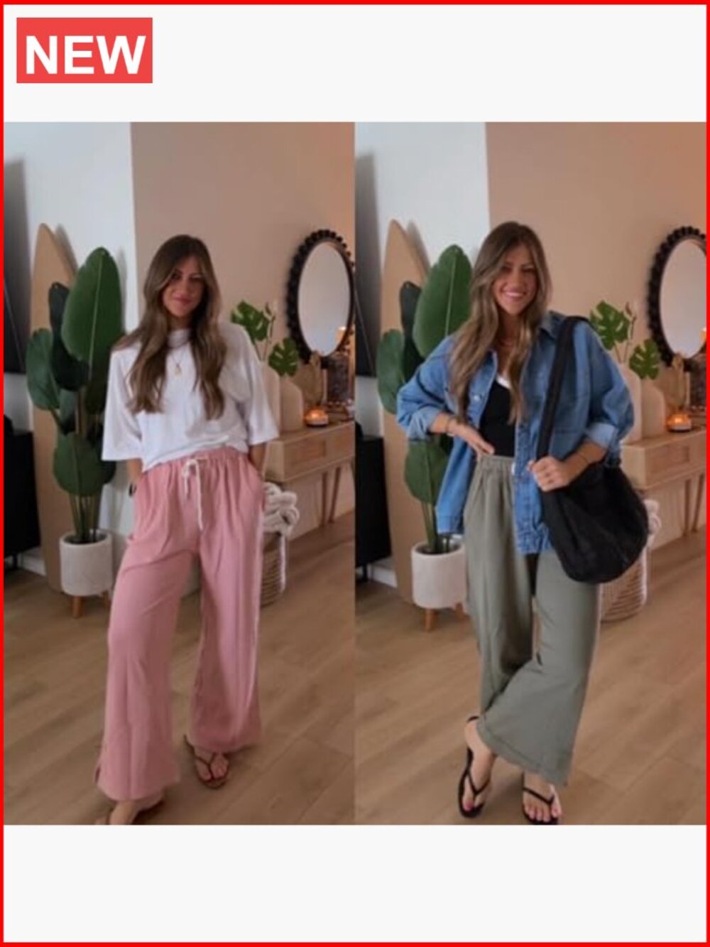 Wide Leg Palazzo Pants Elastic Waist Drawstring Lounge Trousers with Pockets - Picture 5 of 7